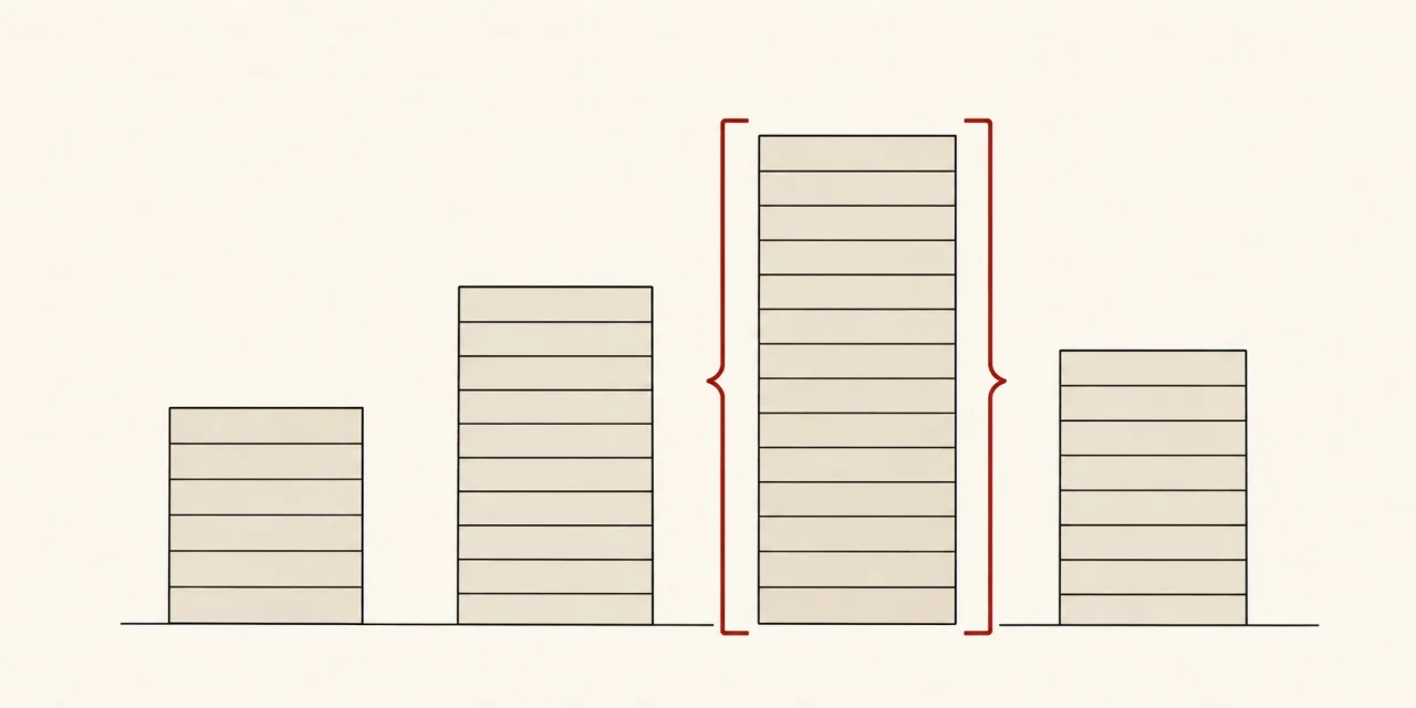 Quatre colonnes de hauteurs inégales, empilées comme des lignes de registre, la troisième encadrée par une accolade rouge