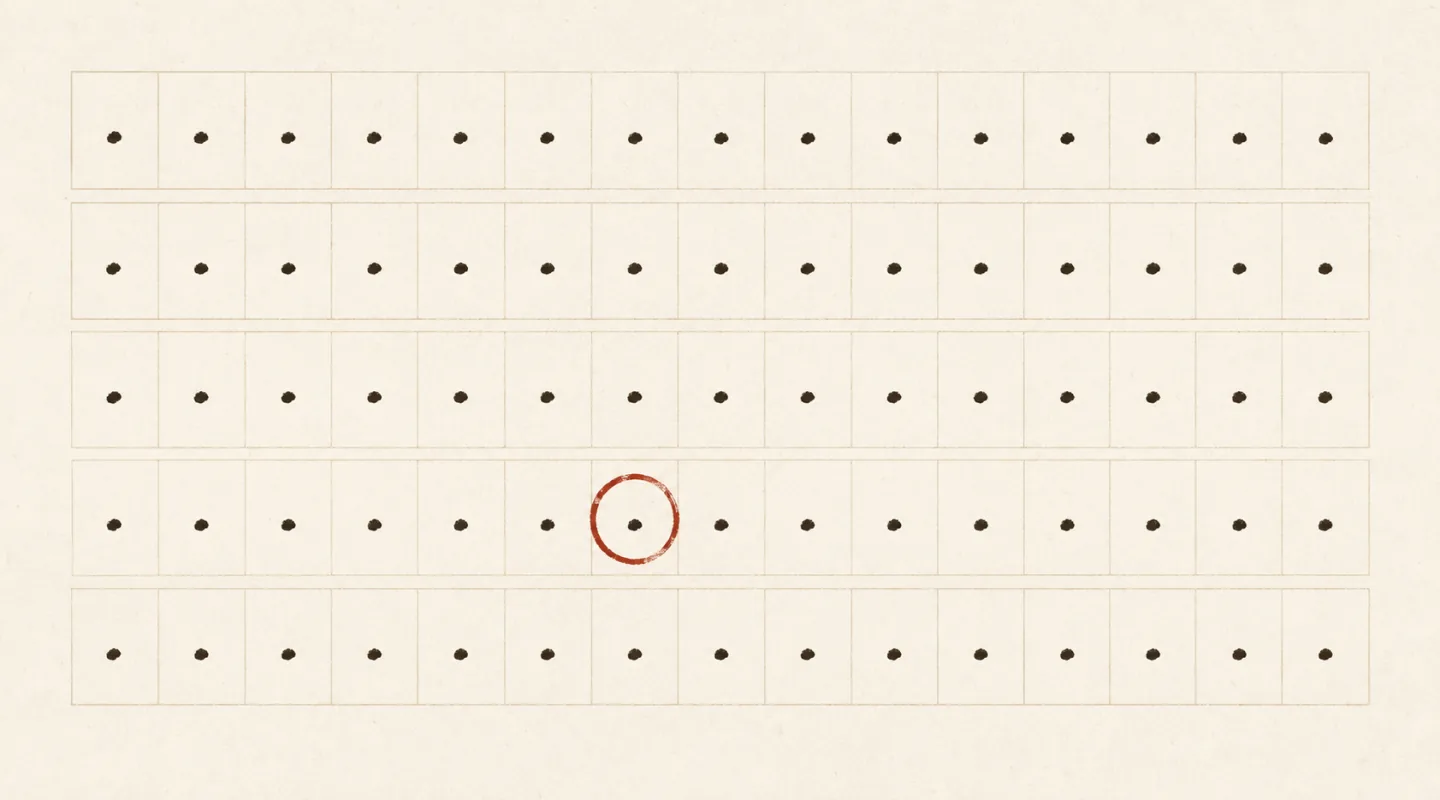 Grille de calendrier de cinq rangées, une marque à l’encre dans chaque case, une seule case entourée d’un cercle rouge