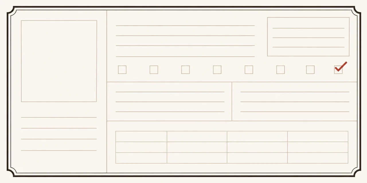 Fiche de dossier administratif vierge : zones réglées, tableau et une rangée de cases à cocher dont la dernière porte une coche rouge