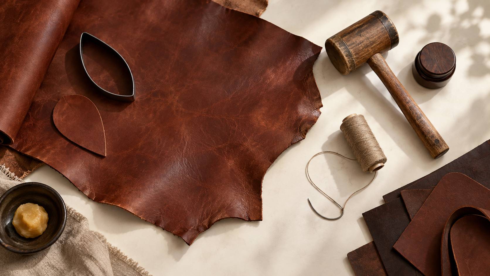 Outils de maroquinerie et fil de lin disposés sur un établi en cuir