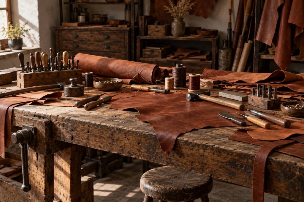 Établi de maroquinerie avec outils de cuir et morceaux de cuir tanné
