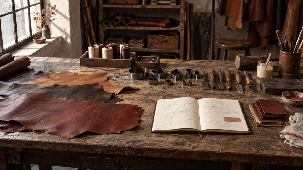 Établi de maroquinier avec cuir, outils alignés et carnet de suivi ouvert