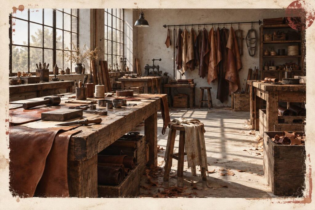 Atelier de maroquinerie avec établis en bois et pièces de cuir tanné