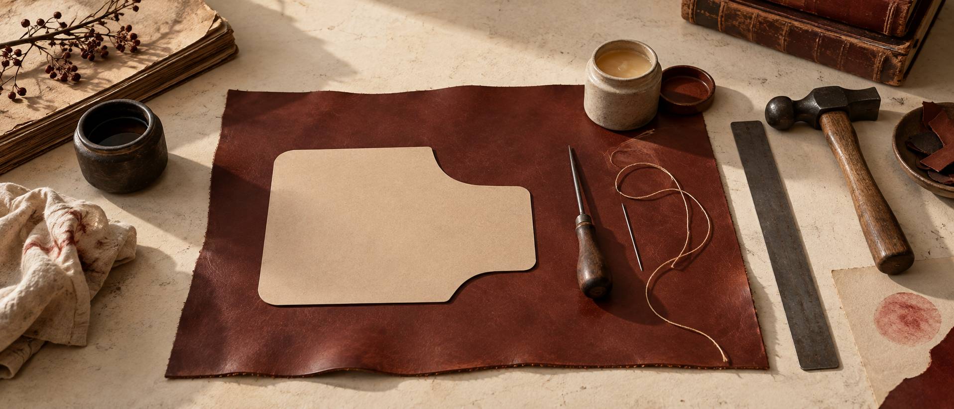 Plan de travail de maroquinier avec cuir, poinçon et fil de lin