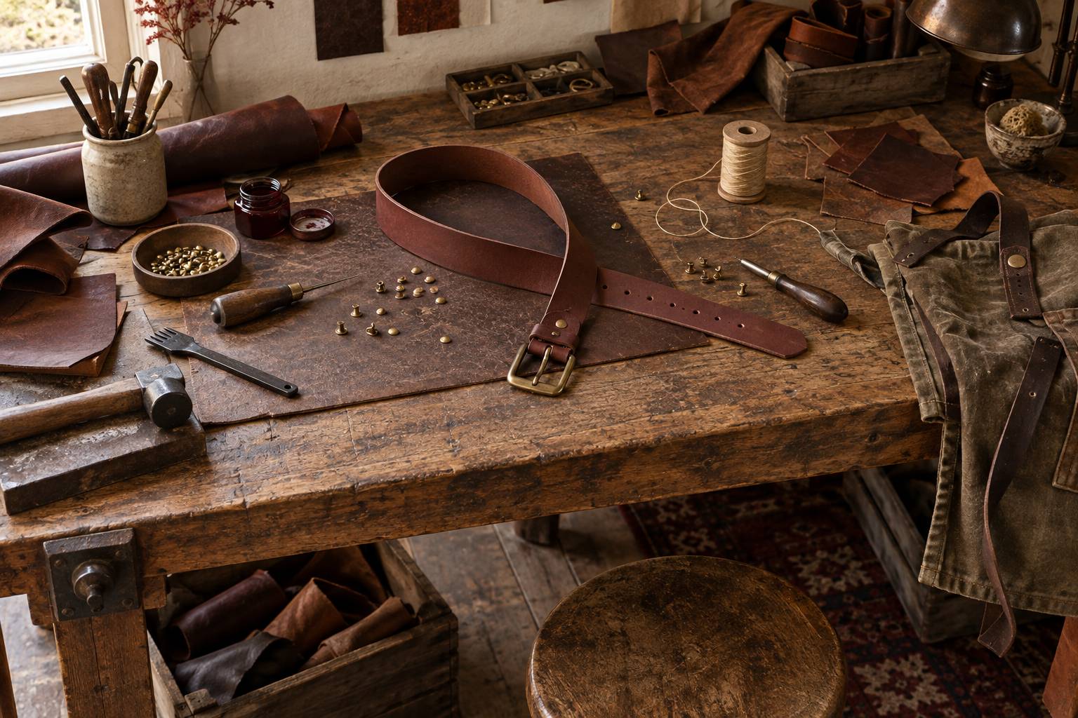 Ceinture en cuir en cours d'assemblage avec rivets et poincon