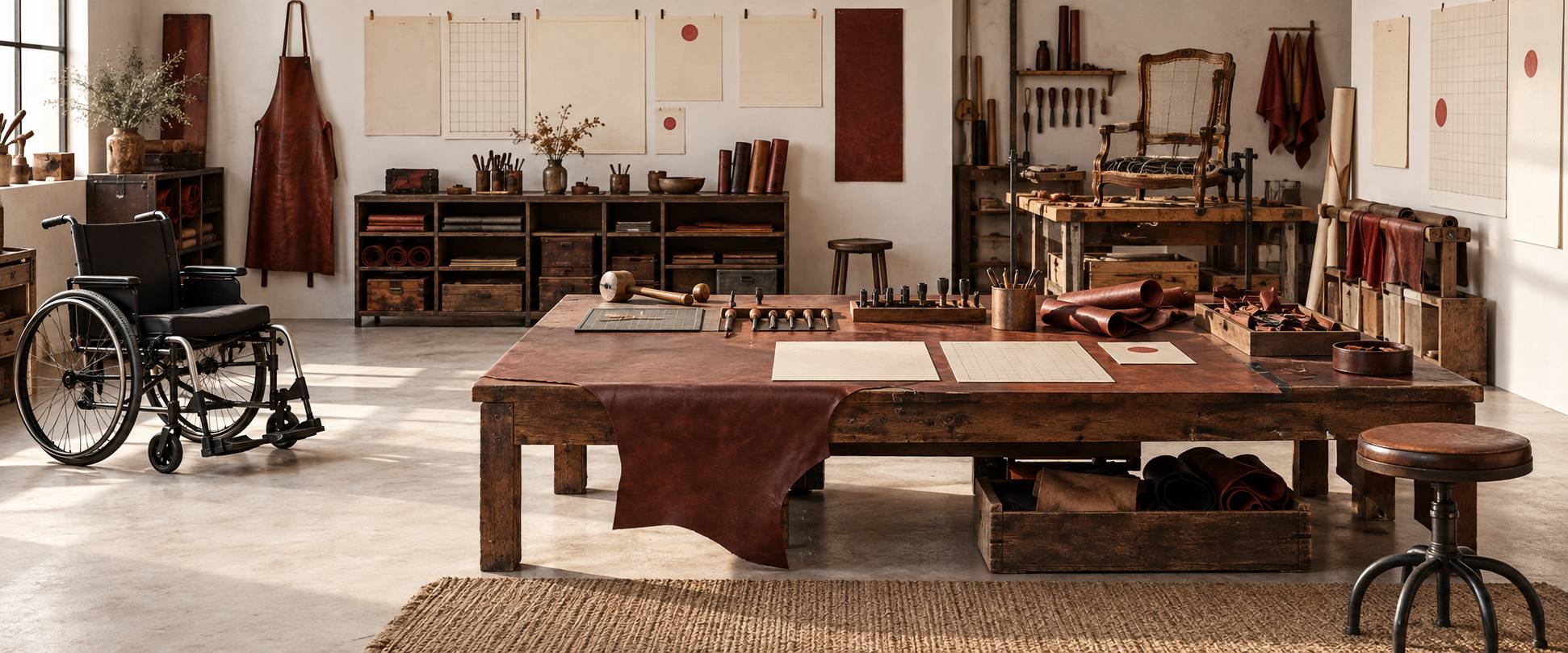 Illustration éditoriale du sujet : Atelier de cuir accessible en fauteuil roulant à Paris