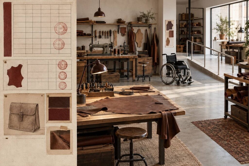 Illustration éditoriale du sujet : Atelier de cuir accessible en fauteuil roulant à Paris