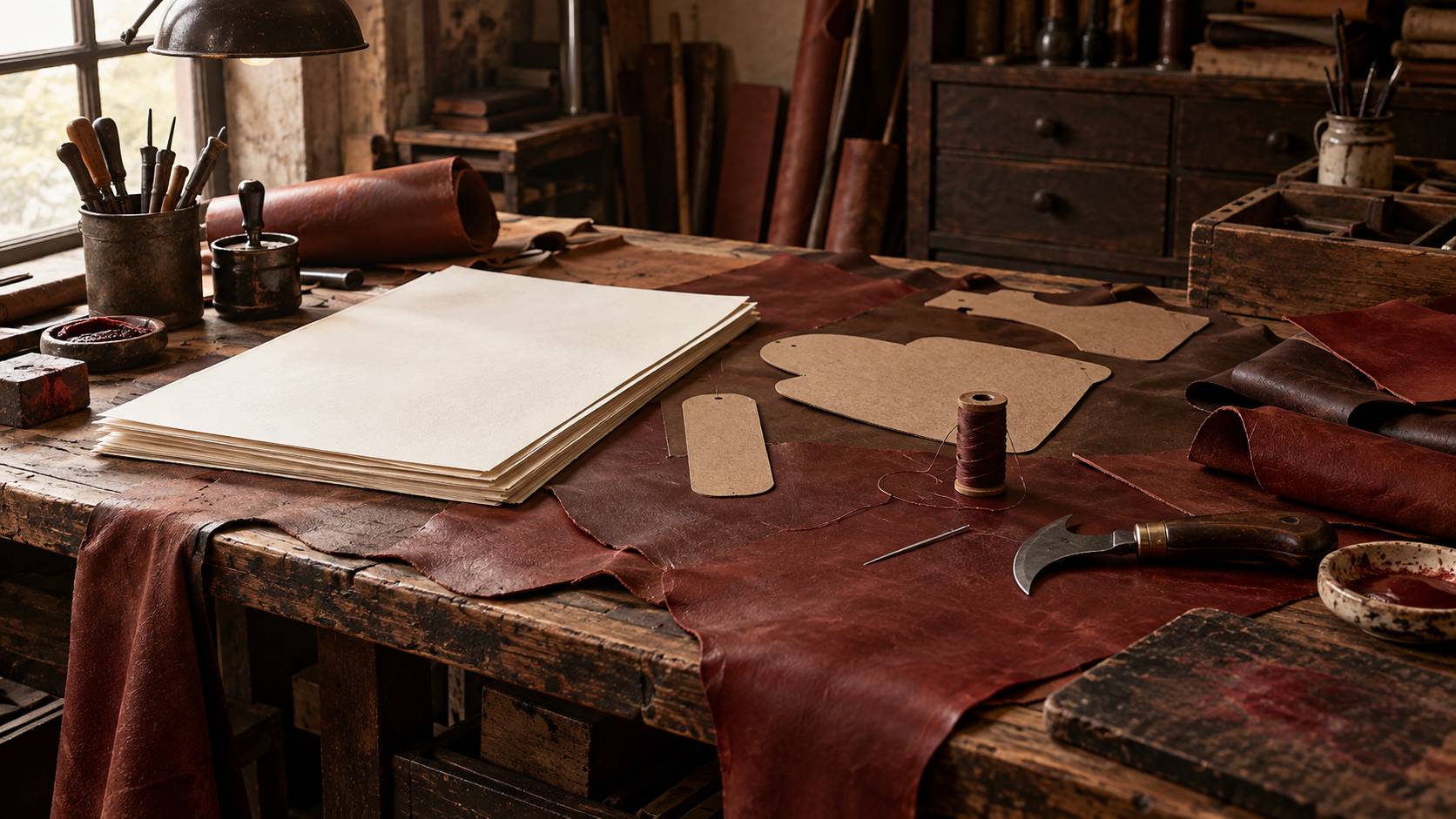 Atelier de maroquinerie avec morceaux de cuir et outils de coupe sur un etabli
