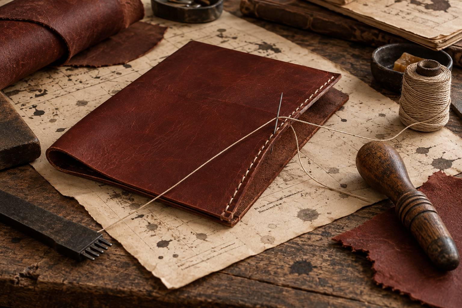 Morceau de cuir en cours d'assemblage avec points de couture sellier