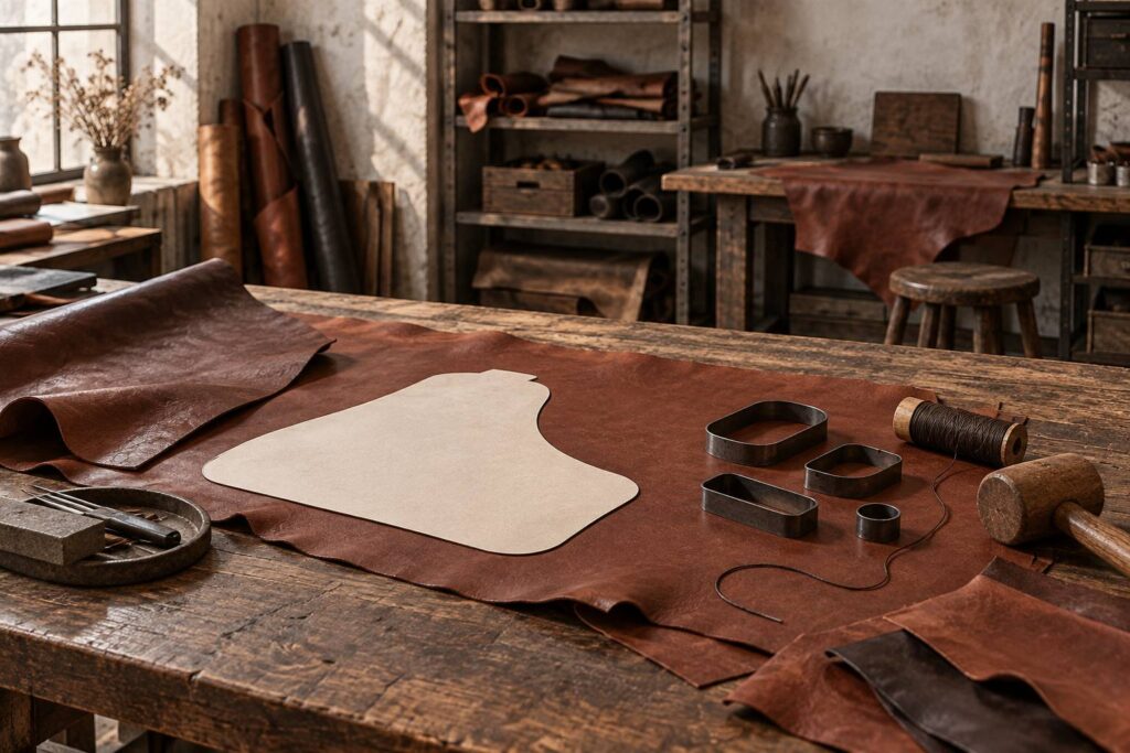 Cuir tanne, emporte-piece et maillet sur un etabli de maroquinerie