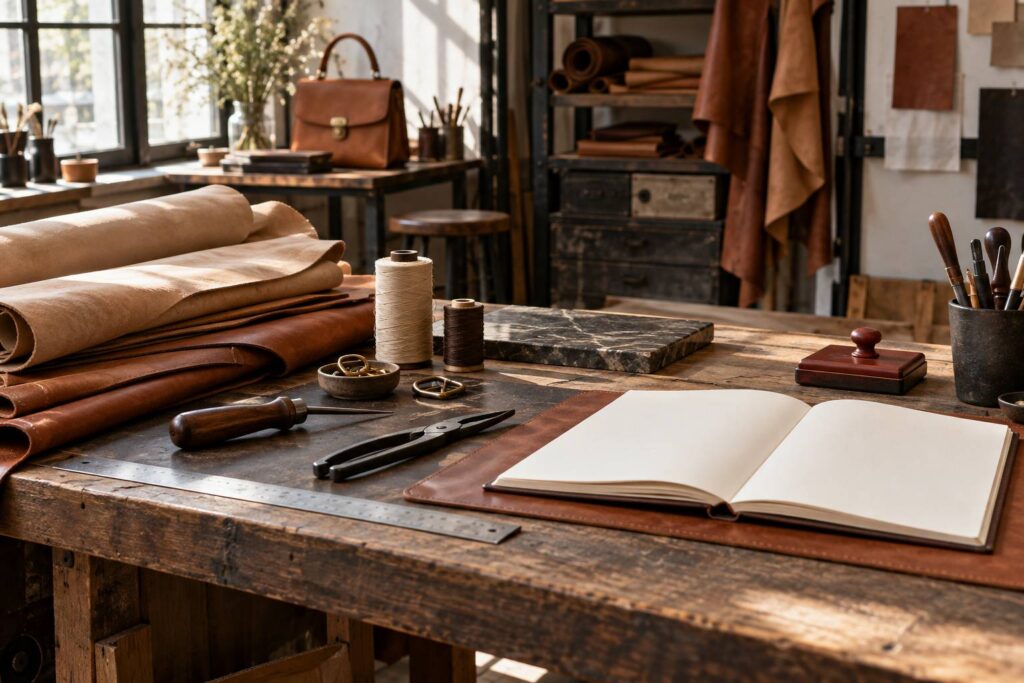 Établi de maroquinerie avec cuirs, outils de couture et tampon encreur