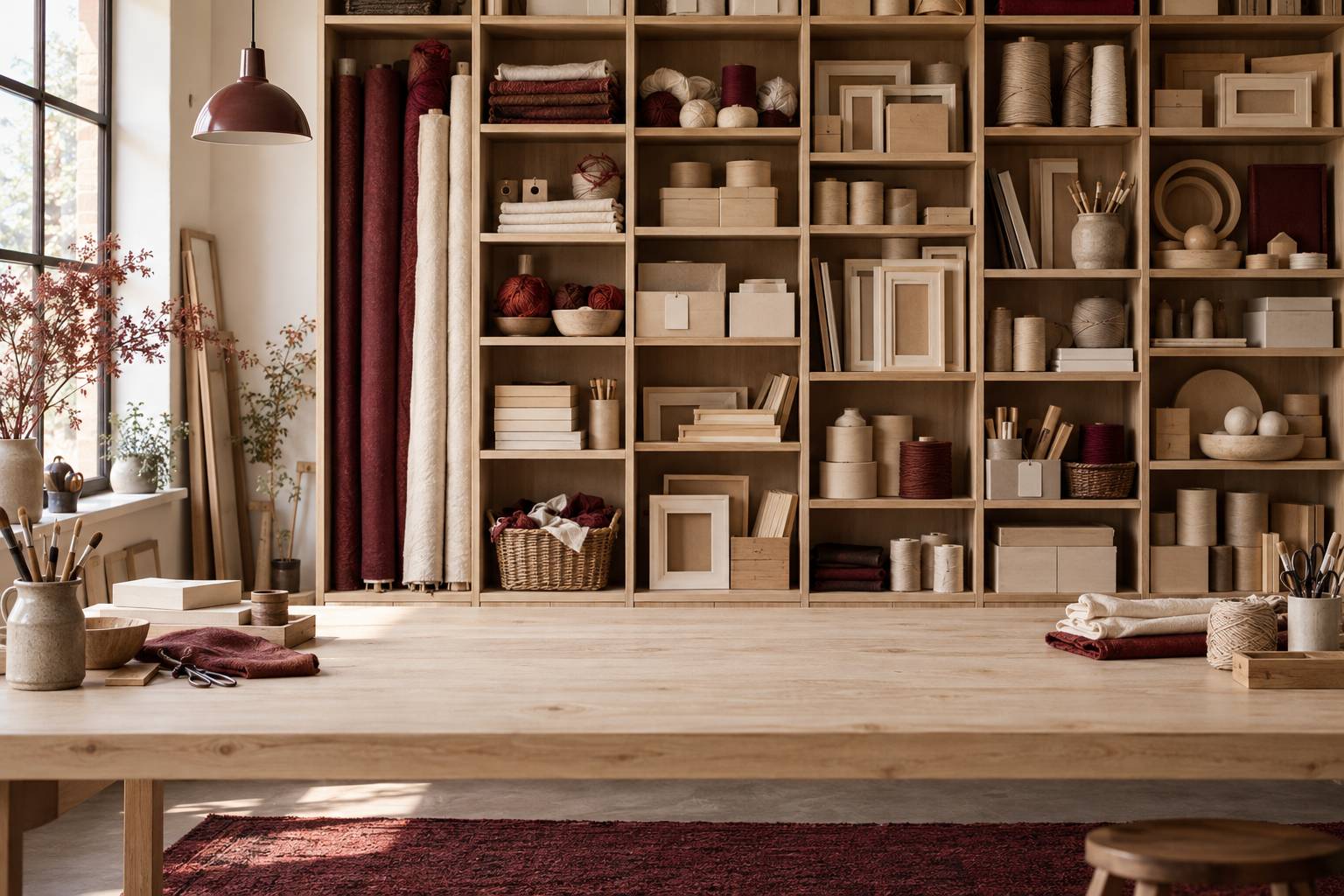 Casier a compartiments avec objets artisanaux non termines