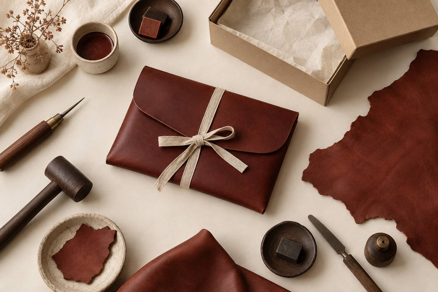 Pochette en cuir et boite kraft sur une table d'atelier