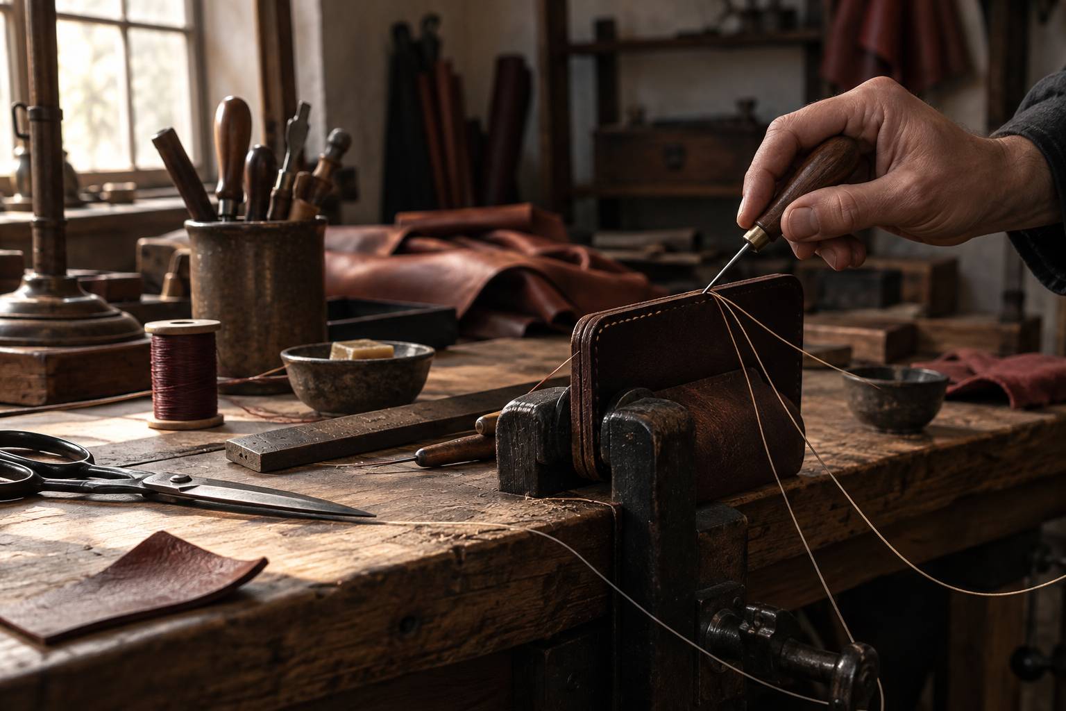 Main travaillant une pièce de cuir à l'alêne sur un établi d'atelier