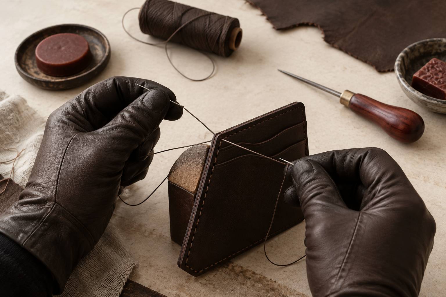 Mains gantées cousant au point sellier un porte-cartes en cuir brun