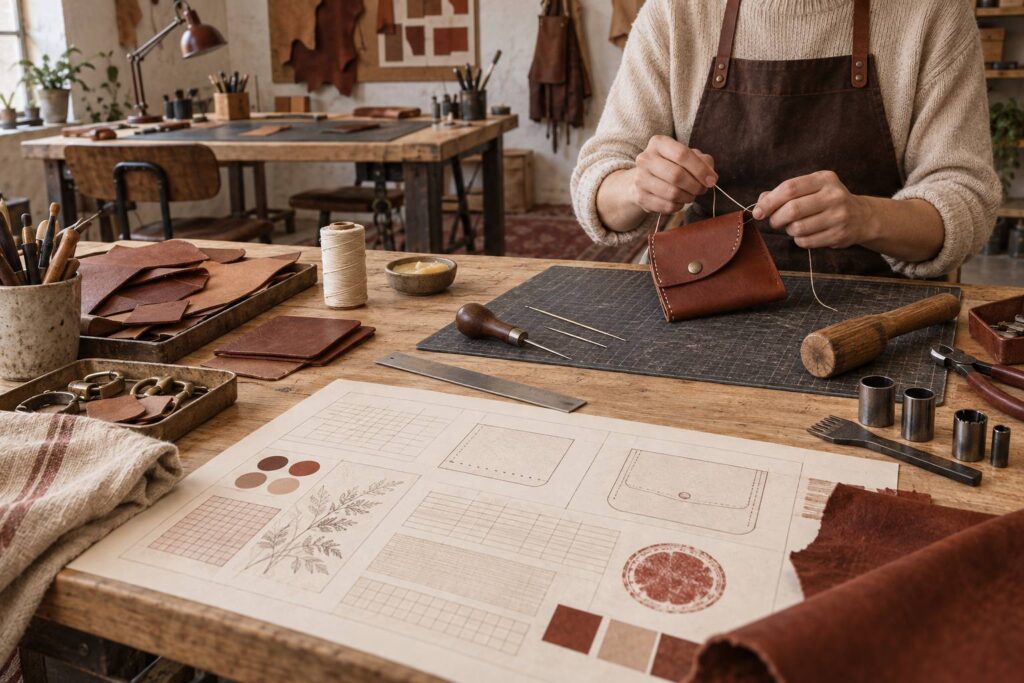 Illustration éditoriale du sujet : Faut-il savoir coudre avant un atelier de maroquinerie