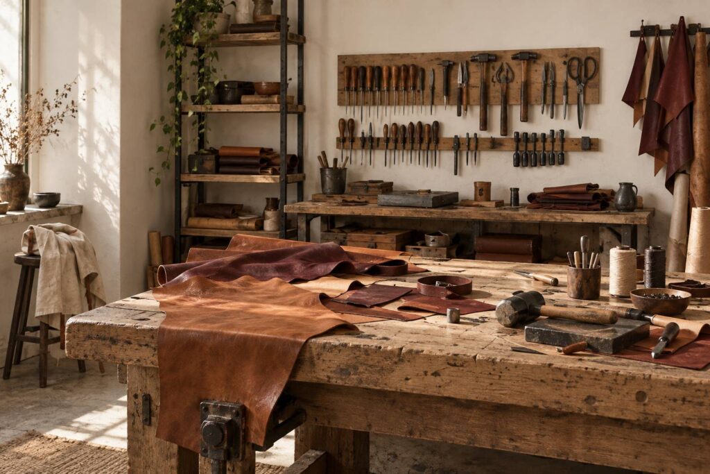 Tablier en toile et chutes de cuir sur un etabli de maroquinerie