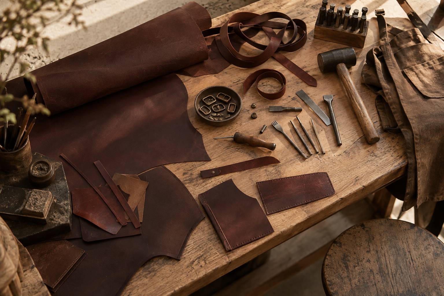 Outils de maroquinier et pieces de cuir sur un plan de travail en bois