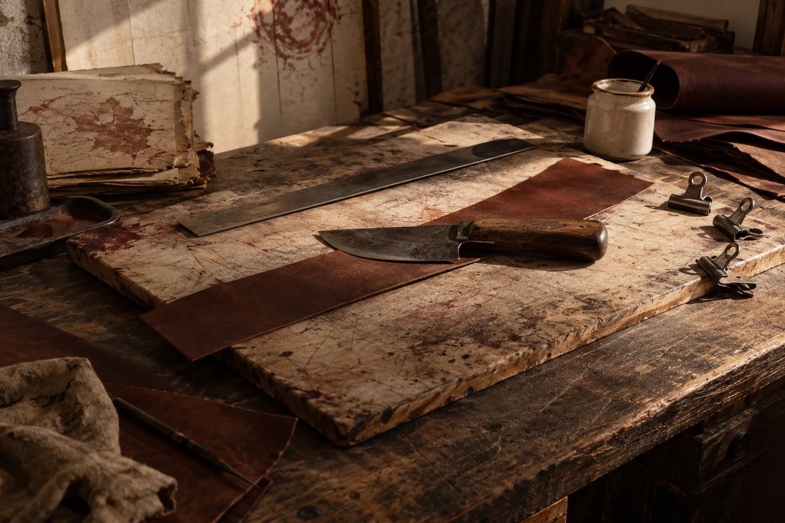 Poste de coupe de cuir avec tranchet, lanière et pinces